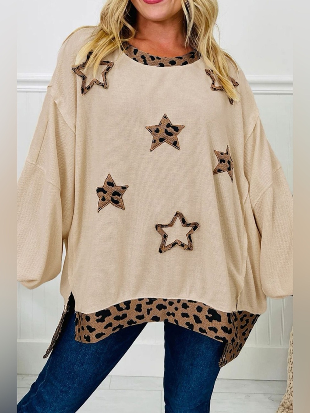 Contrast Leopard Star Patchwork Detail Raw Seam Baggy Sweatshirt